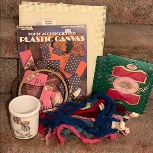 Vintage embroidery hoops/fabric, plastic canvas